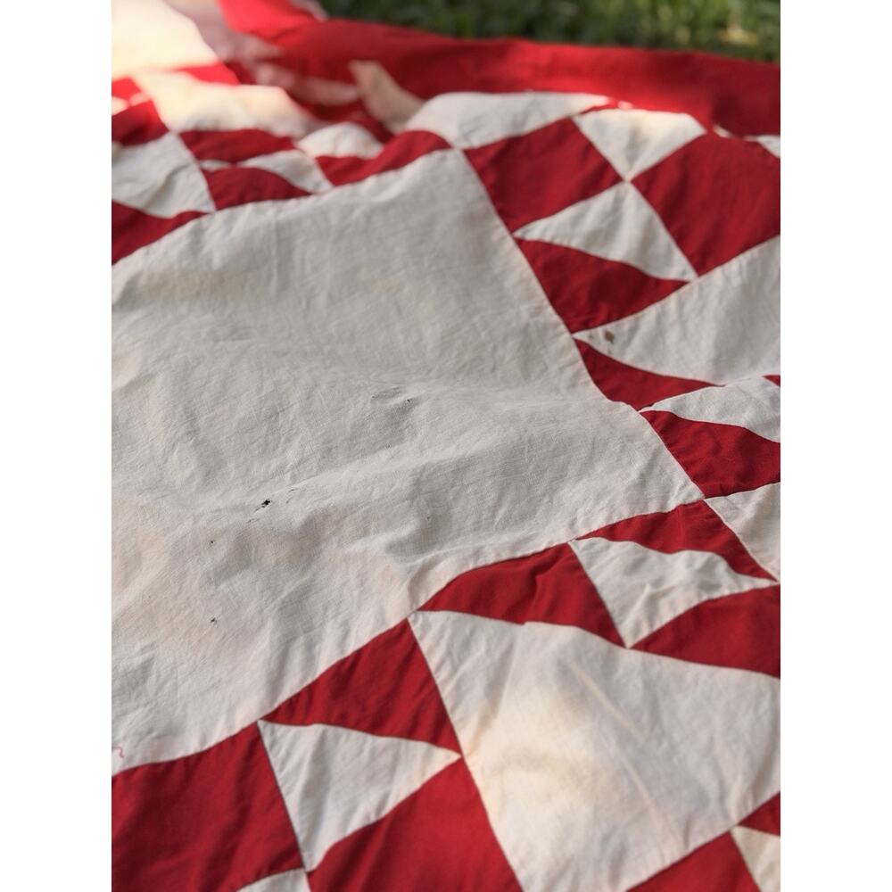 Antique Hand Pieced Red & White Quilt Top Lady of Lake 78x82 Farmhouse VGC AS IS - Picture 8 of 16